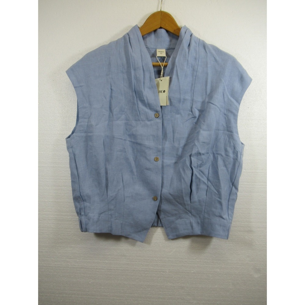 NEW Lintico Linen Surplice Neck Cropped Top Women Large Blue Valeria Blouse
